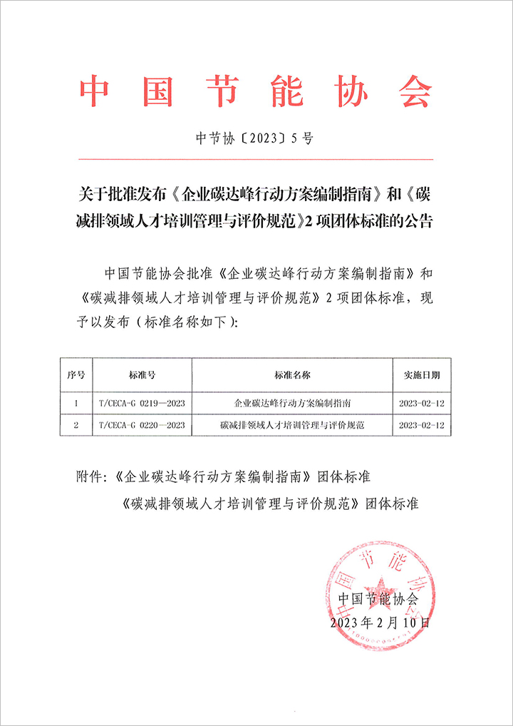 關(guān)于批準(zhǔn)發(fā)布《企業(yè)碳達(dá)峰行動(dòng)方案編制指南》和《碳減排領(lǐng)域人才培訓(xùn)管理與評(píng)價(jià)規(guī)范》2項(xiàng)團(tuán)體標(biāo)準(zhǔn)的公告 0213.jpg